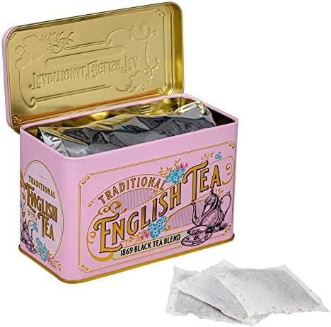 New English Teas Vintage Victorian Tea Tin with 40 Fine 1869 Blend English Teabags (Pink)
