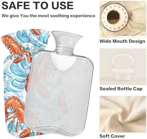 1L Large Hot Water Bottle with Cover, Orange Lobster Blue Sea Waves Cute Hot Water Bags for Hot and Cold Therapies, Menstrual Cramps, Neck and Shoulder Pain Relief
