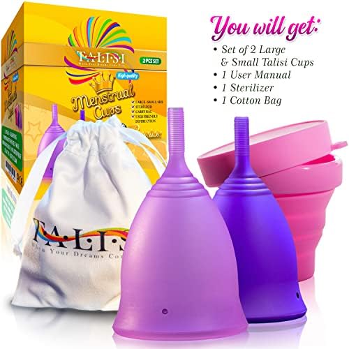 Talisi Reusable Menstrual Cups - Set of 2 Period Cups for Women with Collapsible Sterilization Menstruation Cup for Beginners - Feminine Hygiene Alternative to Tampon and Pad - Regular and Heavy Flow