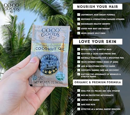 Coco Goods Co. Single-Origin Organic Premium Coconut Oil, Centrifuge Extracted - Great for Hair and Nails Care, Skin Moisturizer 7.5 fl. oz (Travel/Convenience Pack, 0.5 fl. oz x 15 count)