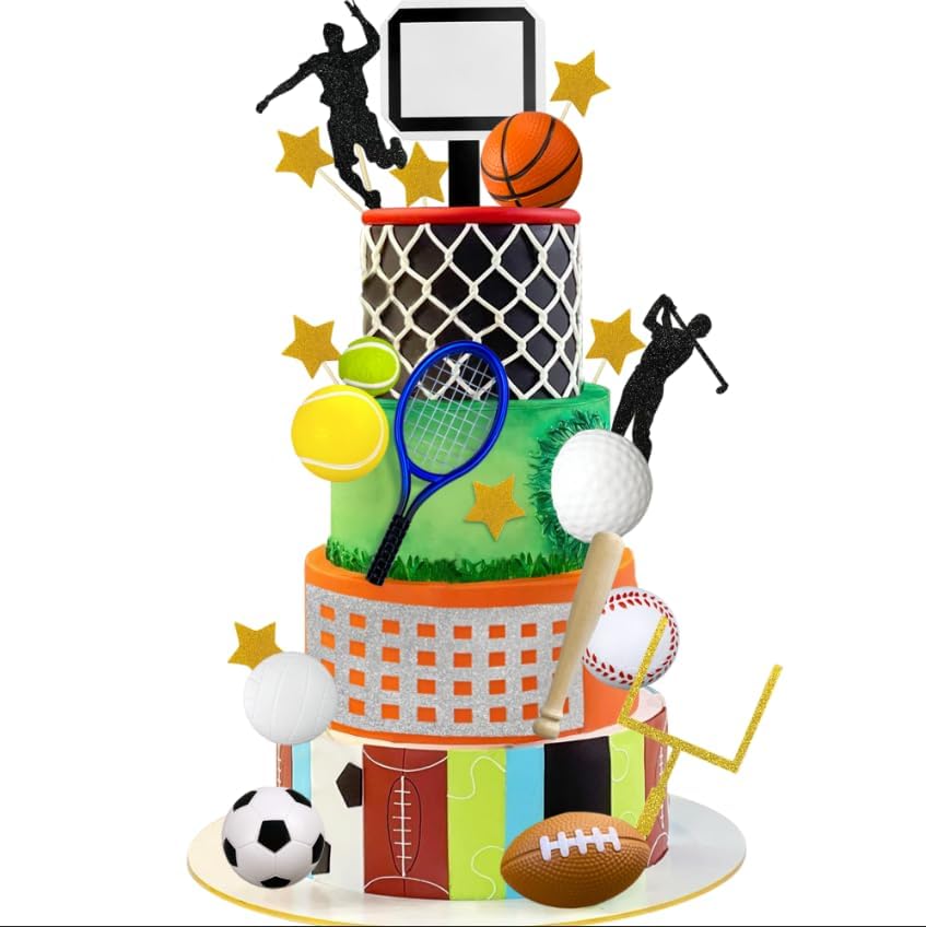 25PCS Sports Cake Decorations Sports Ball Cake Toppers Soccer Football Baseball Basketball Tennis Golf for Baby Shower Sport Theme Birthday Party Supplies
