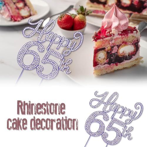 Happy 65th Birthday Decorations,65th Birthday Purple Rhinestone Cake Topper - Cheers to 65 Years Old Bday Party Metal Sparkly Cake Centerpieces Sign.