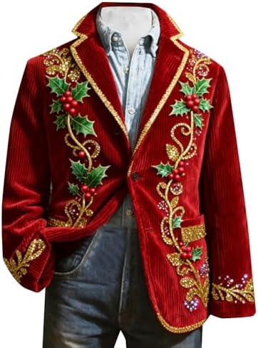Men's Christmas Blazer Corduroy Xmas Print Holiday Party Jacket Slim Fit Fashion Casual Sport Coat Winter Colthes