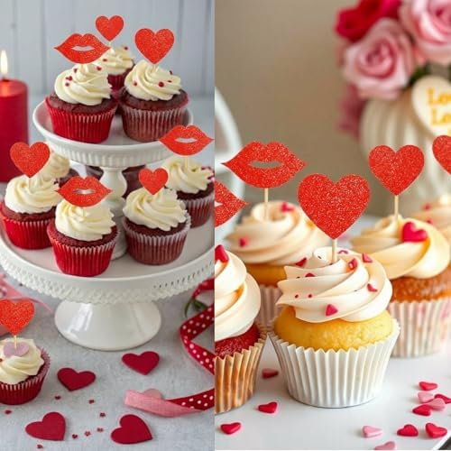 40Pcs Valentines Cupcake Toppers Red Heart & Lips Glitter Love Picks for Valentine's Day Anniversary Wedding Birthday Party Cake Decorations