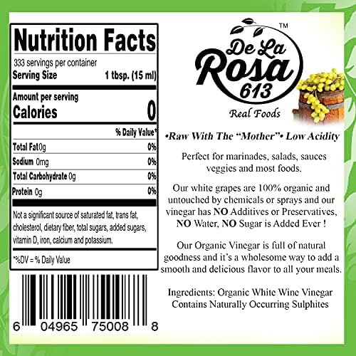 De La Rosa Organic White Wine Vinegar, Aged in Spanish Wood Barrels, Vegan, Non-GMO & Gluten Free, Kosher for Passover, Great for Salad Dressings, Marinades and More, 5 Liter (Pack of 1)