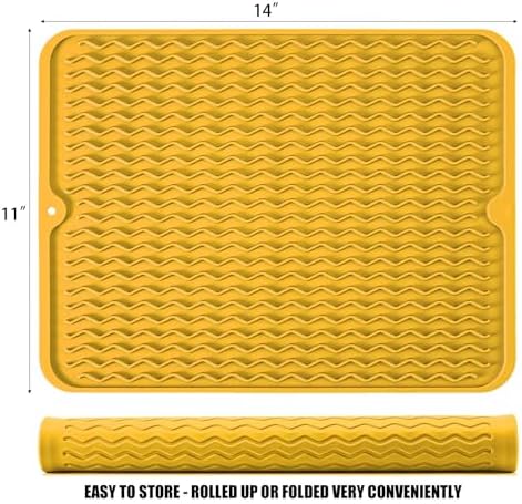 Large 14" x 11" Silicone Dish Drying Mat for Kitchen Counter, Easy clean, Quick Dry, Heat-resistant Dish Drainer Mat for Sink,Refrigerator or Drawer liner (Food Grade Silicone-Yellow)