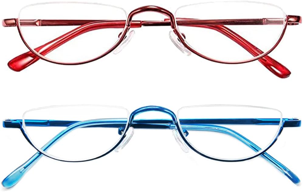 REAVEE 2 Pack Retro Designer Half Frame Reading Glasses for Women Men Spring Hinge Half Moon Readers Stylish Slim Eyeglasses with Pouch, Red and Blue 2.5