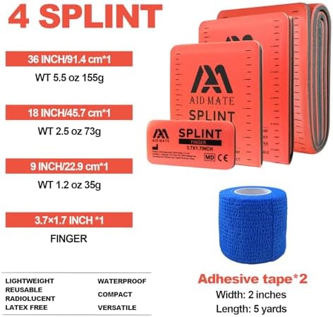 First Aid SAM Splint Kit – 4 Reusable Malleable Splints (36"/18"/9"/4") + 2 Medical Tapes + Storage Pouch, Emergency Fracture Stabilization for Camping Hiking, Arm Leg Wrist Ankle Finger, EMT