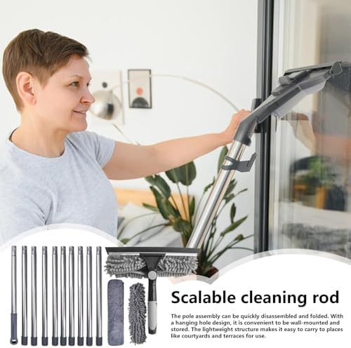Window Cleaner – 15 Foot Extendable Glass Brush, 2 in 1 Long Handle Cleaner with 10 Extension Poles and 2 Microfiber Cloths | High Window Cleaning Tool for Home Office