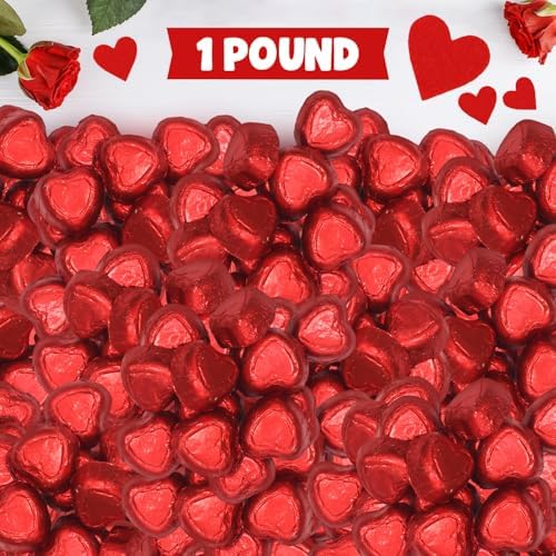 Milk Chocolate Hearts Candy - Red Foil Wrapped Creamy Chocolate Hearts, 1 Pound Bulk Chocolate for Parties, Decorations, Gift Bags & Treats