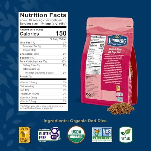 Lundberg Organic Red Jasmine Rice, Long Grain Red Rice - Non-Sticky, Fluffy Aromatic Rice, Organically Grown in California, Pantry Staples, 16 Oz