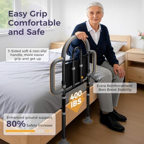 Bed Rails for Elderly Adults Safety, Adjustable Bed Assist Rail - Portable Bed Cane Supports 400 Lbs,ASTM Approved Bedside Safety & Stability for Seniors,for Bed Frames 14.57"-20.67"