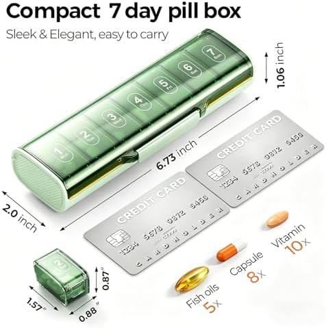 Weekly Pill Organizer,Portable 7 Day Pill Box,Moisture Proof Medicine Pill Organizer,Travel Pill Case with BPA-Free Material,Pocket-Size for Supplements & Vitamins (Green)
