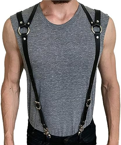 Mens Black Leather Armors Suspenders Shoulder Strap Body Chest Harness Chain Belt Adjustable Gay Punk Clubwear Costume