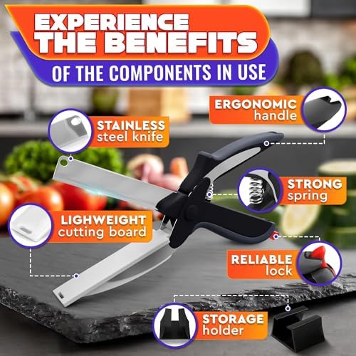2 in 1 Kitchen Scissors for Food – Stainless Steel 9.5" Tomato Knife Chops Vegetables, Fruit, Cheese, Meat in Seconds | Dishwasher Safe Cutting Board Scissors with Safety Lock – Mess-Free Prep
