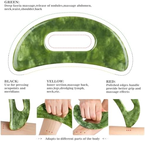 2 in 1 Jade Stone Gua Sha Massage Tool, Large Guasha Muscle Scraper Tools Set with Handle Muscle Scraping Massage Tools Anti Cellulite Spa Acupuncture Tools for Back Neck Leg Lymphatic Drainage