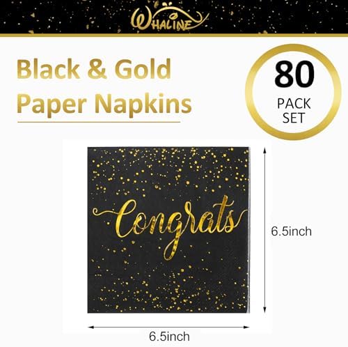 Whaline 80Pcs Congratulation Paper Napkin Gold Foil Congrats Dinner Napkin Black Graduation Party Disposable Lunch Napkins for Engagement Baby Shower Celebration Party