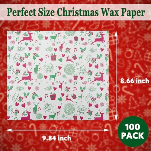 CAMKYDE 100 Pcs Christmas Wax Paper Sheets - Grease Proof for Food, Deli Paper Holiday Use (Reindeer)