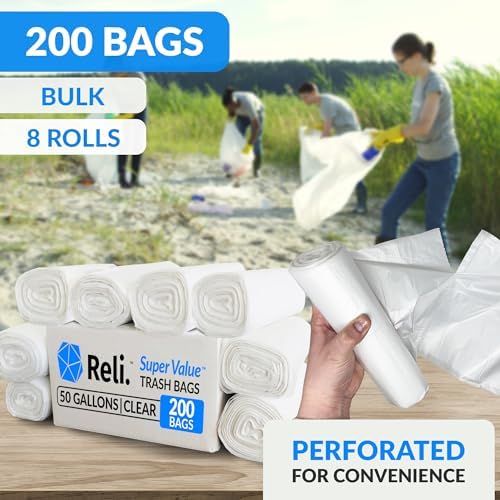 Reli. Premium 50 Gallon Trash Bags | 200 Count | Made in USA | Heavy Duty | Bulk | SuperValue | Clear Multi-Use Garbage Bags