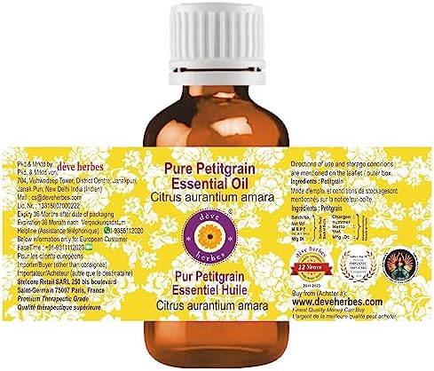 Deve Herbes Pure Petitgrain Essential Oil (Citrus aurantium Amara) Steam Distilled 10ml (0.33 oz)