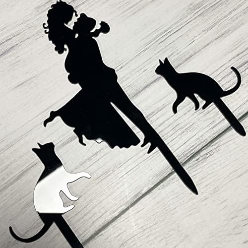 JIEEIN Wedding Cake Topper - Bride Hold Groom with Flowers Besides Two Pet Cats Silhouette Cake Decoration