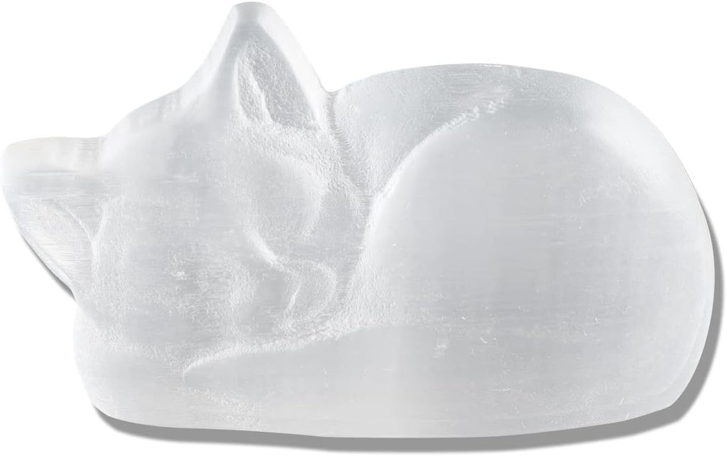 Runyangshi Natural Selenite Crystal Healing Stone Energy Selenite Sleep Cat Exquisite Carved Ornaments Spiritual Healing Massage Palmstone Cleansing Protection Home Decor Gift