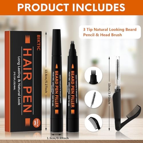 3-Pack Beard Pencil Filler for Men (Black), Four-fork Tip Beard Styling Pen, Waterproof Sweat Proof Long Lasting Beard Pencil,Effectively Enhances Facial Hair