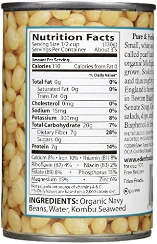 Eden Organic Navy Beans, 15 oz Can, Dry, Organic, Pearl Haricot, Yankee Bean, Boston Bean, Non-GMO