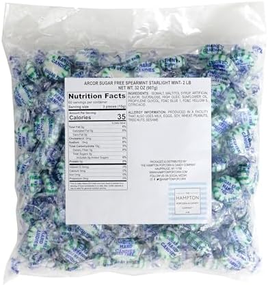Sugar Free Spearmint Starlight Mints, 2 Pound Bulk Bag (Approx 140 Pieces), Individually Wrapped Hard Candy, The Hampton Popcorn & Candy Company