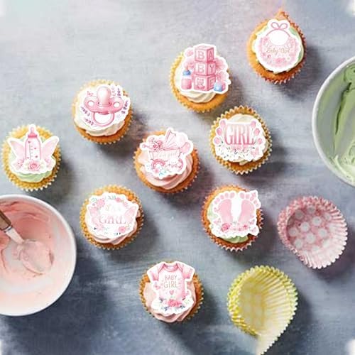 63 PCS Edible Baby Shower Cupcake Toppers Bottle Carriage Oh Baby Girl Cupcake Picks Edible It's a Girl Cupcake Decorations for Gender Reveal Baby Shower Birthday Party Cake Decorations Supplies Pink
