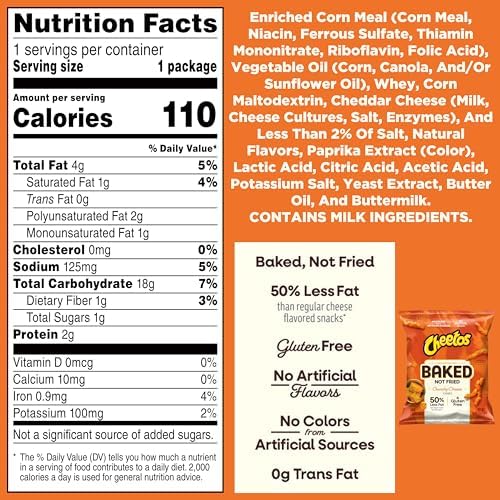 Baked Cheetos Crunchy Cheese Flavored Snacks, 0.875 oz Bags, (40 Pack), 50% Less Fat, Gluten Free, No Artificial Flavors & Colors, Packaging and Formula May Vary