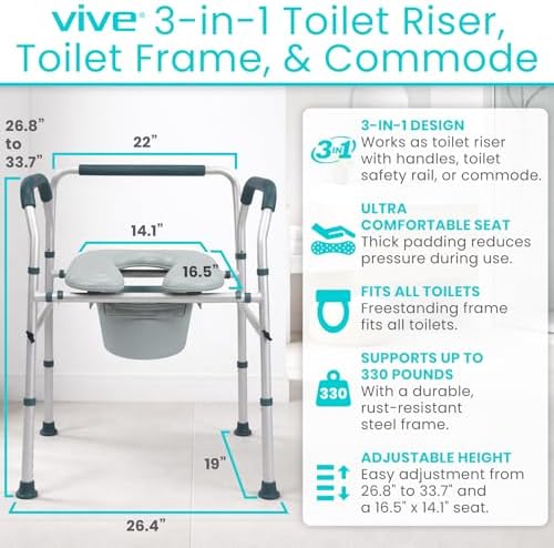 Vive Toilet Seat Riser for Seniors with Handles - Height Adjustable Raised Toilet, Safety Frame for Adults, Commode Chair, Padded Seat, Supportive Armrests (Gray)