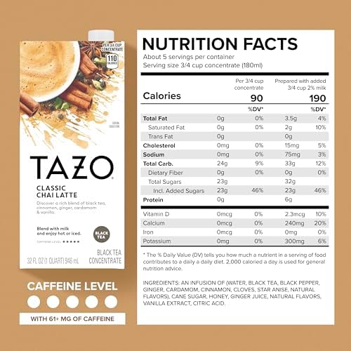 TAZO Classic Chai Latte, Black Tea Concentrate, Easy-to-Serve Caffeinated Chai Tea for Everyday Lattes, Mocktails and Hot or Iced, 32 oz Carton