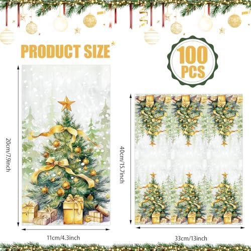 100 Pcs Christmas Paper Napkins Disposable Cocktail Napkins Golden Xmas Tree Guest Dining Table Bathroom Hand Towel for Winter Holiday Party Dinner