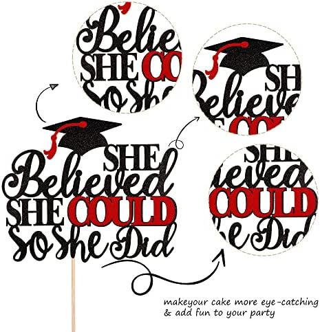 1 PCS She Believed She Could So She Did Cake Topper with Glitter Grad Cap Cake Pick Class of 2026 Senior Graduation Cake Decoration for 2026 Graduation Theme Party Decorations Supplies Black Red
