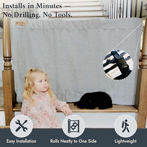The Stair Barrier First Fabric Banister to Banister Baby Gates for Stairs 42”–52” Wide x 32” Tall– No Drill Baby Gate for Top or Bottom Staircase, Machine-Washable Climb Proof, Designed in USA, Grey