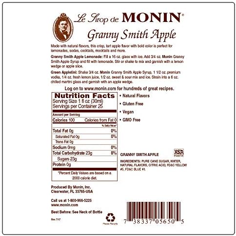 Monin - Granny Smith Apple Syrup, Tart and Sweet, Great for Cocktails and Lemonades, Gluten-Free, Non-GMO (750 ml)