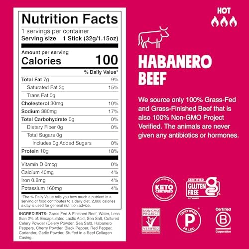 Chomps Grass-Fed and Finished Spicy Habanero Beef Jerky Snack Sticks 10-Pack - Keto, Paleo, Whole30, 10g Lean Meat Protein, Gluten-Free, Zero Sugar Food, Non-GMO