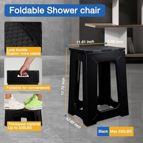 Foldable Small Waterproof Plastic Corner Stool for Bathroom - Foldable Non-Slip Shower Bench/Bathtub Stool for The Adults&Elderly,Holds Up to 330 lbs, 17.7 inches