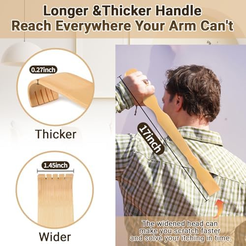 Renook Wooden Bamboo Back Scratcher, 17" Natural Handmade Back-Scratchers for Men and Women, New Upgraded Long Handle Body Massager, Christmas Father's Day Gifts for Adults and Elderly (2PCS)