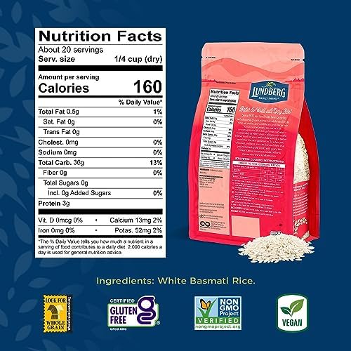 Lundberg Basmati Rice, Long Grain White Rice - Non-Sticky, Fluffy, Nutty, Aromatic Rice, Vegan Food, Healthy Meals, Gluten-Free Rice Grown in California, 32 Oz (Pack of 6)