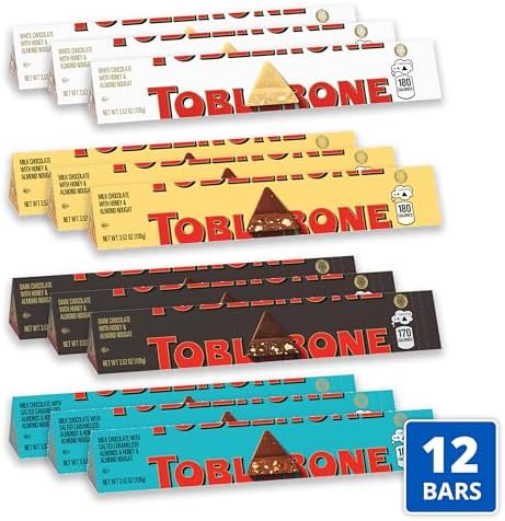 TOBLERONE Assorted Chocolate Bars Variety Pack (Milk, Dark, White, & Salted Caramelized Almonds), Mother's Day, 12 - 3.52 oz Bars