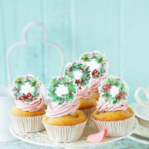 60 PCS Edible Merry Christmas Cupcake Toppers Edible Holly Leaves Berries Grass Circle Cupcake Picks Christmas Party Decorations for Xmas Theme New Year Holiday Party Cake Decorations Supplies