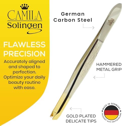 CS29 3 1/2" Gold Tipped, Surgical Grade, German Carbon Steel Tweezers (Slanted) - Flawless Eyebrow and Facial Hair Shaping and Removal for Men/Women
