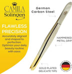 CS29 3 1/2" Gold Tipped, Surgical Grade, German Carbon Steel Tweezers (Slanted) - Flawless Eyebrow and Facial Hair Shaping and Removal for Men/Women