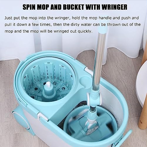 Spin Mop Bucket 360 Spinning Floor Cleaning System with Flat Floor Mop Head and Round Mop Head, 53.5-in Extended Handle, 2 x Wheel for Home Cleaning, for Hardwood Laminate Tiles