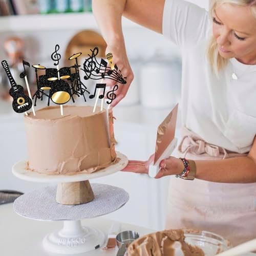 Rsstarxi 8 Pack Music Theme Cake Topper Glitter Guitar Drums Musical Symbols Cake Pick Art Mucis Note Musician Cake Decorations for Music Theme Birthday Wedding Anniversary Party Cake Supplies