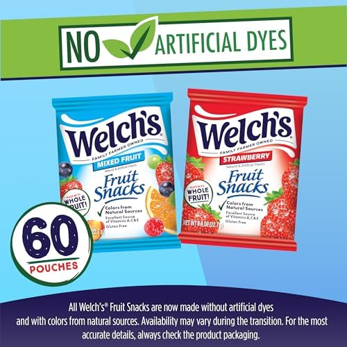 Welch's Fruit Snacks, Mixed Fruit & Strawberry Snack Box, Gluten Free, 0.8oz Snack Packs (Pack of 60)