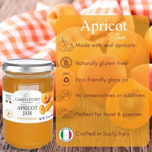 Campo D'Oro Sicilian Apricot Jam – Italian Marmalade – 100% Real Fruit – No Additives – Apricot Preserve Made from Italian Fruit – 12 oz (340g)