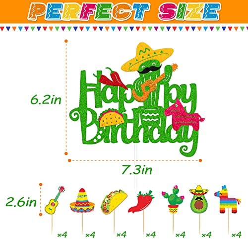 Fiesta Cake Topper Cupcake Topper Mexican Cactus Donkey Maraca Sombrero Guitar Taco Pepper Theme Happy Birthday Cake Decorations Kids Boy Girl Bday Party Supplies 29 PCS